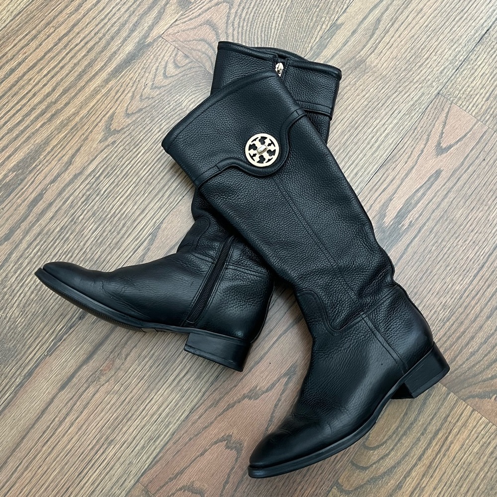 Tory Burch Black Leather Selma Boots with Gold Hardware